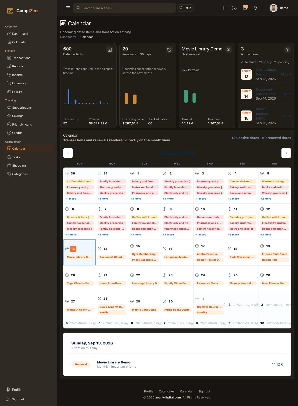 Demo calendar dashboard showing weekly transaction entries