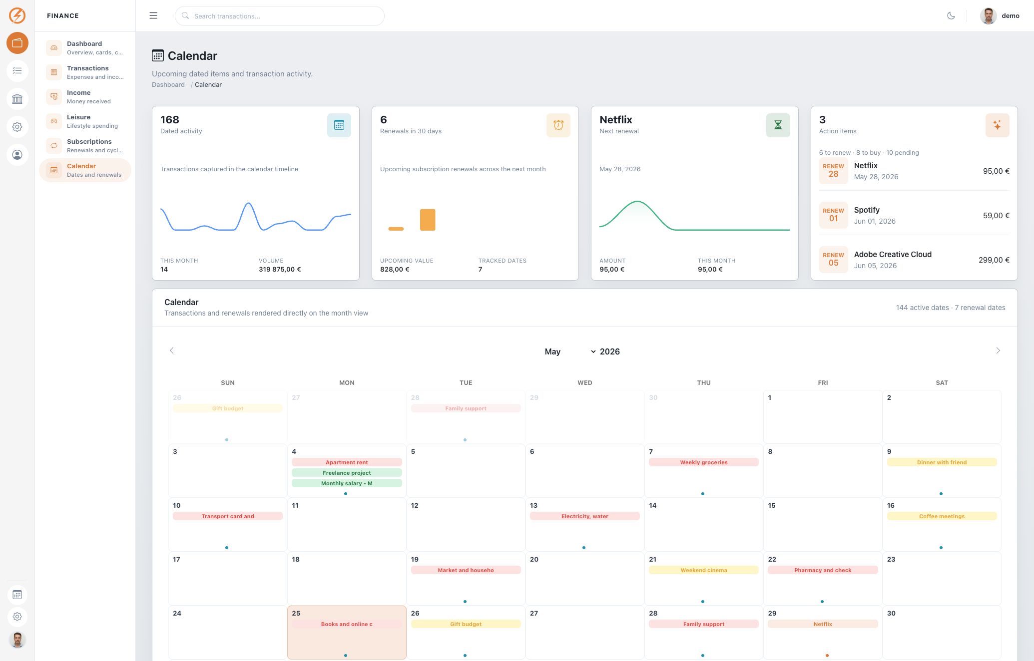 Demo calendar dashboard showing weekly transaction entries