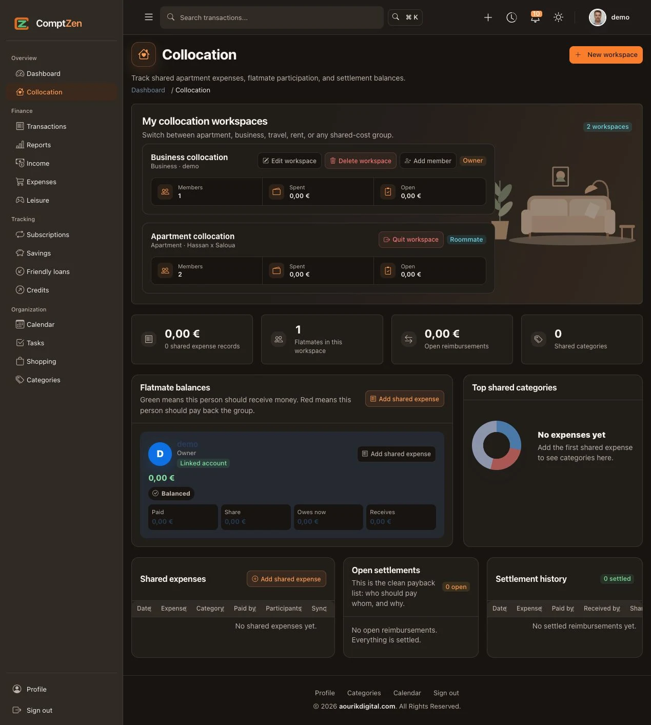 Demo collocation workspace showing shared expense balances