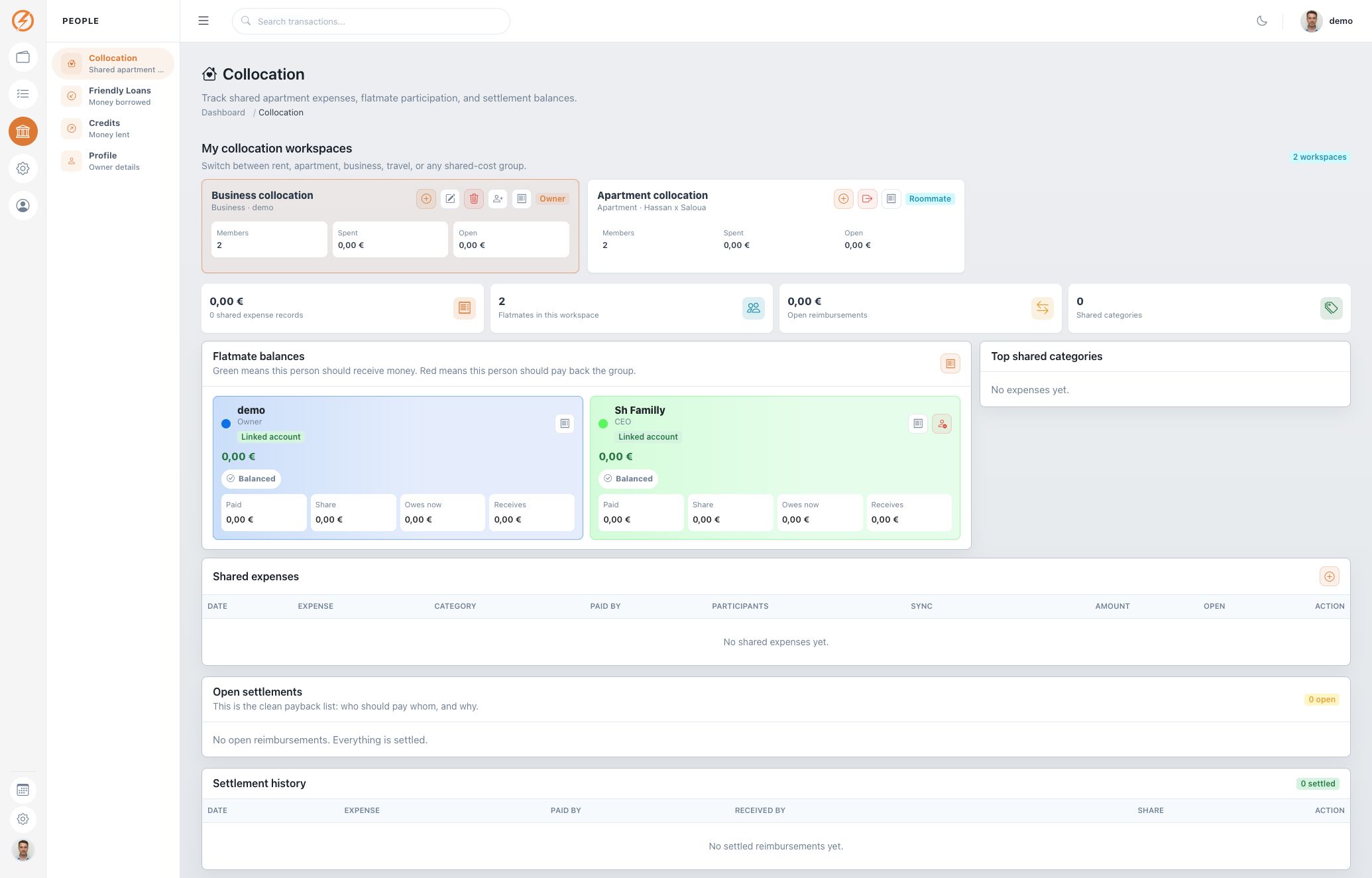 Demo collocation workspace showing shared expense balances